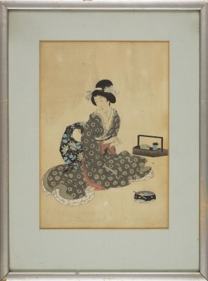 Yōshū Chikanobu, Młoda kobieta przy nosidle na utensylia do herbaty i pojemniku z zakąskami
