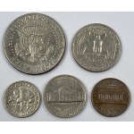 US coins: half dollar 1972 [JFK], quarter dollar 1989 [Washington], one dime 1982 [Roosevelt], five cents 1983 [Jefferson], one cent 1980 [Lincoln].