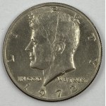 US coins: half dollar 1972 [JFK], quarter dollar 1989 [Washington], one dime 1982 [Roosevelt], five cents 1983 [Jefferson], one cent 1980 [Lincoln].