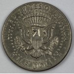 US coins: half dollar 1972 [JFK], quarter dollar 1989 [Washington], one dime 1982 [Roosevelt], five cents 1983 [Jefferson], one cent 1980 [Lincoln].