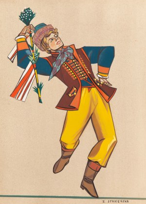 Zofia Stryjeńska ( 1894 - 1976 ), Chłop ze Śląska ( rózga świadka na ślubie ), plansza XIII z teki 'Polish Peasants' Costumes 1939