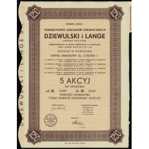 Polska, 5 akcji po 250 złotych = 1.250 złotych, 1937, Warszawa