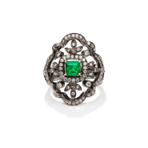 Ring with emerald and diamonds, France, circa mid-20th century.