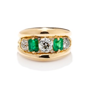 Ring with diamonds and emeralds, circa mid-20th century.