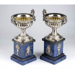 Pair of sterling silver and Lapis lazuli presentation cups on stand - mark of TIFFANY & Co.