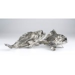 Pair of silver sculptures depicting fishes, signed ATTILIO DE LUCA