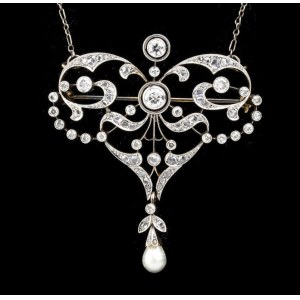 Silver necklace and Art Nouveau brooch with diamonds and pearl pendant - late 19th century