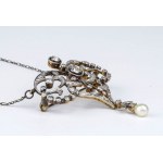 Silver necklace and Art Nouveau brooch with diamonds and pearl pendant - late 19th century
