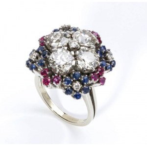 Diamonds, rubies and sapphires gold flower ring