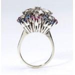 Diamonds, rubies and sapphires gold flower ring