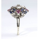 Diamonds, rubies and sapphires gold flower ring