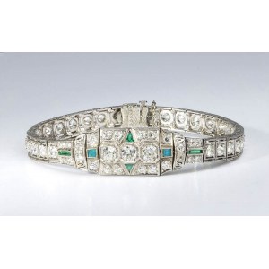 Art déco diamonds and green glass pastes platinum bracelet - 1920s