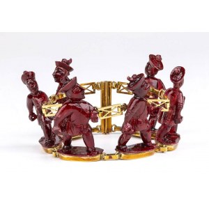 Gold bracelet with oriental warrior figures in red lacquer
