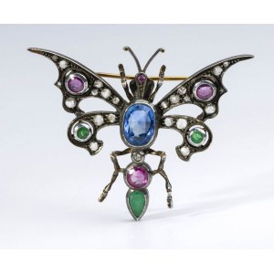 Coloured stone gold and silver dragonfly brooch