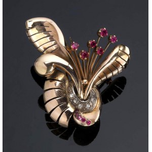 Rubies and diamonds Art Deco gold brooch - 1940s