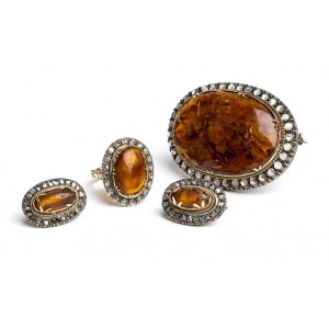 Amber and rose diamonds gold and silver ring, brooch and earrings