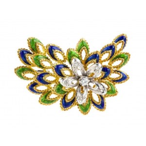 Enamel diamonds floral gold brooch