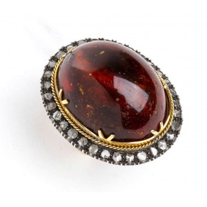 Amber and diamonds gold and silver ring