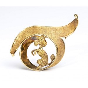 Ribbon-pattern brooch with small dog in gold