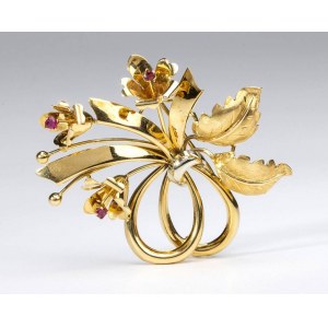 Synthetic ruby gold brooch - 1960s