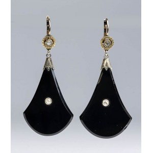 Onyx and old cut diamond gold drop earrings