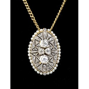 Diamonds and pearl gold necklace and pendant-brooch