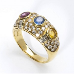 Ruby, sapphire and diamonds gold band ring