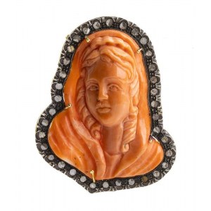 Cerasuolo coral cameo, diamonds, silver and gold brooch