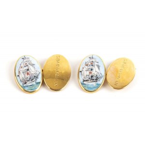 Pair of gold and enamel cufflinks depicting a SAILING SHIP