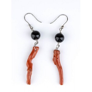 Pair of silver onyx and Mediterranean coral sprig drop earrings