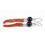 Pair of silver onyx and Mediterranean coral sprig drop earrings