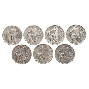 Polska, PRL, zestaw 7 monet, 5 złotych Rybak.
