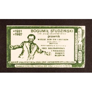 SOLIDARNOŚĆ, cegiełka 200 zł, pamięci Bogumiła Studzińskiego przeznaczona na tablice pamiątkowa w kościele, Radom 1988.