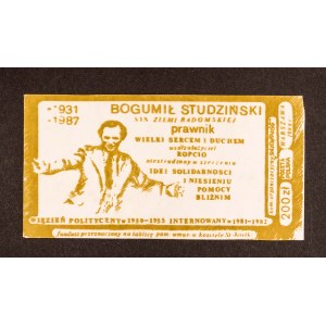 SOLIDARNOŚĆ, cegiełka 200 zł, pamięci Bogumiła Studzińskiego przeznaczona na tablice pamiątkowa w kościele, Radom 1988.