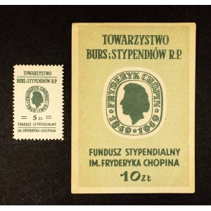 Zestaw znaczków, cegiełki Fundusz Stypendialny im. F. Chopina, Towarzystwo Burs i Stypendiów R.P.: 5 złotych i 10 złotych