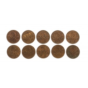 Polska, II Rzeczpospolita (1918-1939), zestaw 5 groszy 1938, 10 sztuk