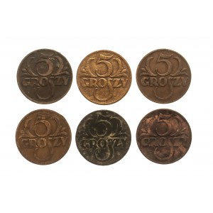 Polska, II Rzeczpospolita (1918-1939), zestaw 5 groszy 1931, 6 sztuk