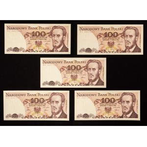 Polsko, PRL, sada 5 bankovek 100 ZŁOTYCH 1.06.1986, série NE, pořadová čísla.
