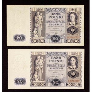 Poland, Second Republic, set of 2 20 ZŁOTY banknotes, 11.11.1936.