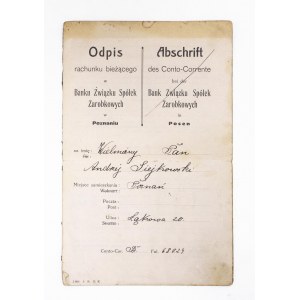 Bank Związku Spółek Zarobkowych, odpis rachunku, Poznań 1918-1919