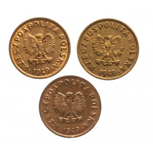Polska, PRL, zestaw 3x 5 groszy 1949, brąz
