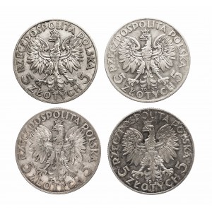 Polska, II Rzeczpospolita, zestaw 4 monet 5 złotych z lat 1932 - 1934, Kobieta.