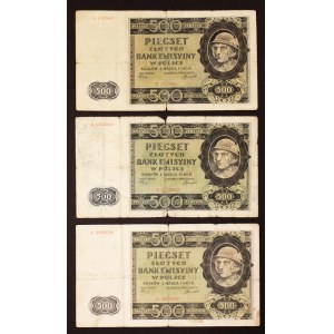 Polska, Generalna Gubernia, zestaw 3 banknotów 500 złotych 1.03.1940, seria A.