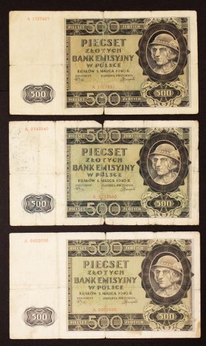 Poľsko, Generálna správa, sada 3 bankoviek po 500 zlotých 1.3.1940, séria A.