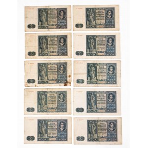 Poľsko, Generálna správa, sada 10 bankoviek po 50 zlotých z 1.8.1941, séria A, B, C, D, E.