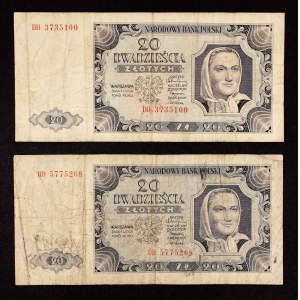 PRL, sada 2 bankoviek 20 zlotých 1.7.1948, séria DB, DD.