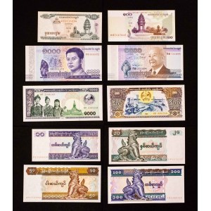 Sada 10 bankovek z Asie (Barma, Kambodža, Laos)