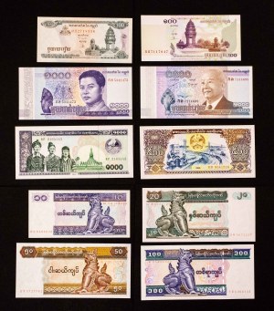 Satz von 10 Banknoten aus Asien (Birma, Kambodscha, Laos)