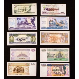 Sada 10 bankovek z Asie (Barma, Kambodža, Laos)