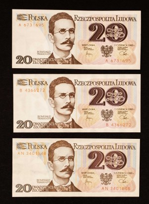 Poľsko, PRL, sada 3 bankoviek 20 zlotých 1.6.1982, séria A, B, AN.
